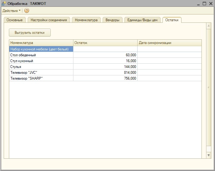Вкладка «Остатки»