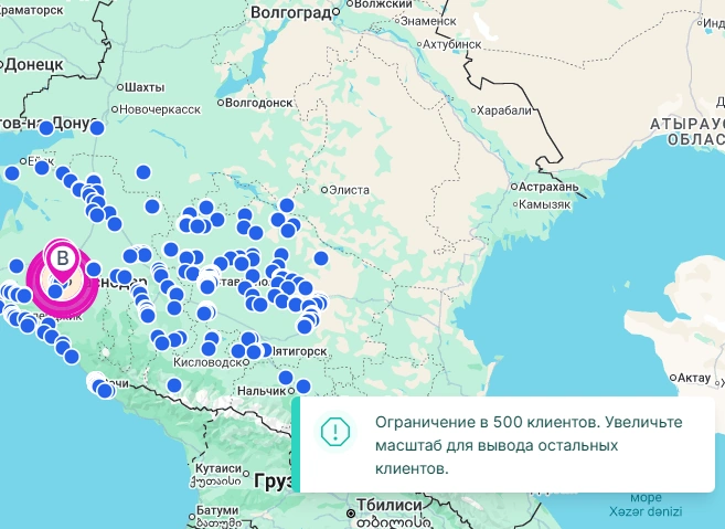 Карта с отображением до 500 клиентов