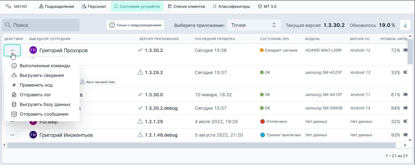 Меню Действия