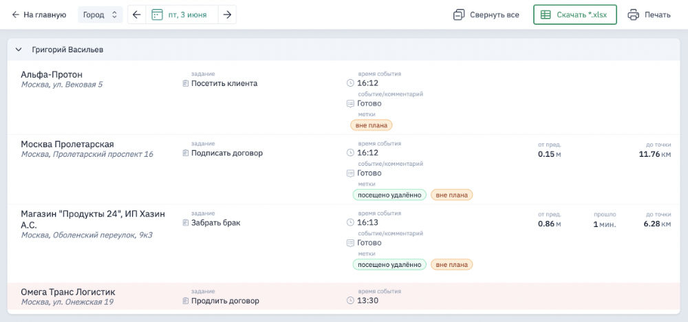 Вид отчёта с задачами