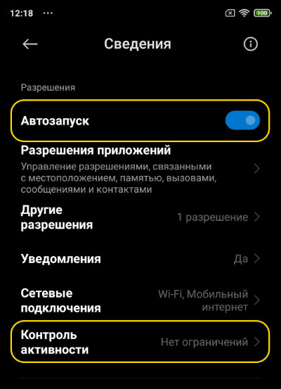 Переключатель «Автозапуск» и «Контроль активности»